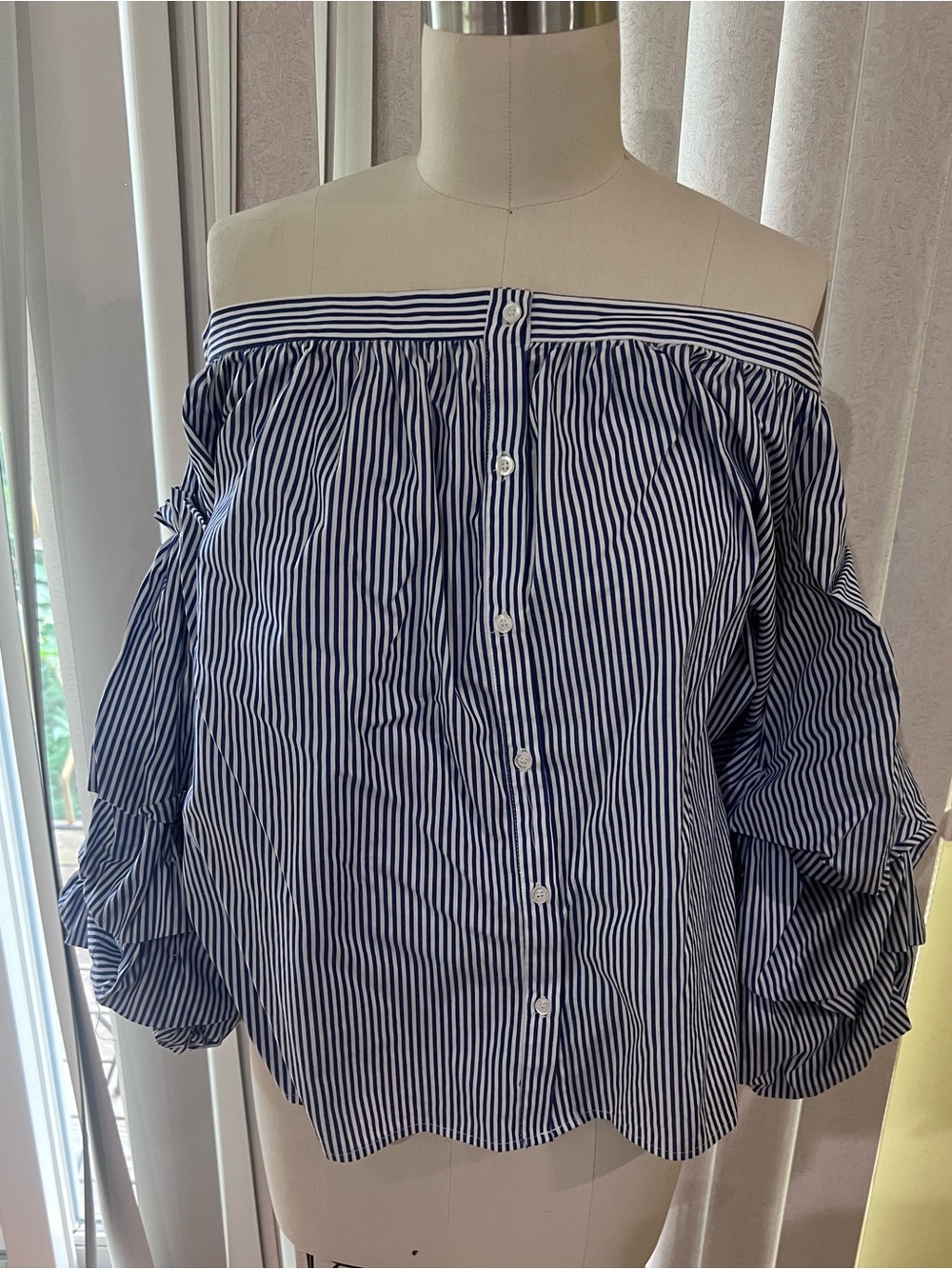 Striped Navy Off-Shoulder Button-Front Blouse